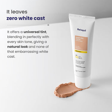 RE' EQUIL Sheer Zinc Tinted Sunscreen, 100% Mineral-Based Sunscreen UVA, UBV, & IR Protection, Water Resistant With SPF 50 PA+++ For All Skin Types, 50g